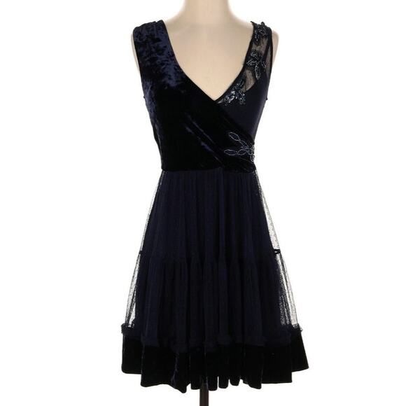 Free People Vintage XS Blue Velour Mesh Dress - Picture 2 of 5